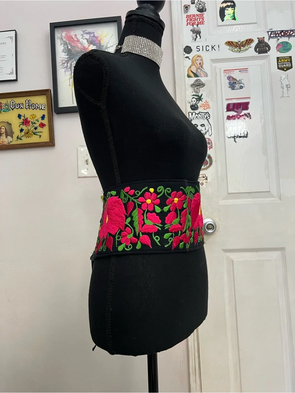 Embroidered Floral Waist Belt in Black with Pink & Green